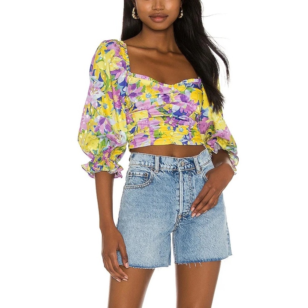 For Love and Lemons Floral Satin Bustier Puff-Sleeve Crop Top - Size S